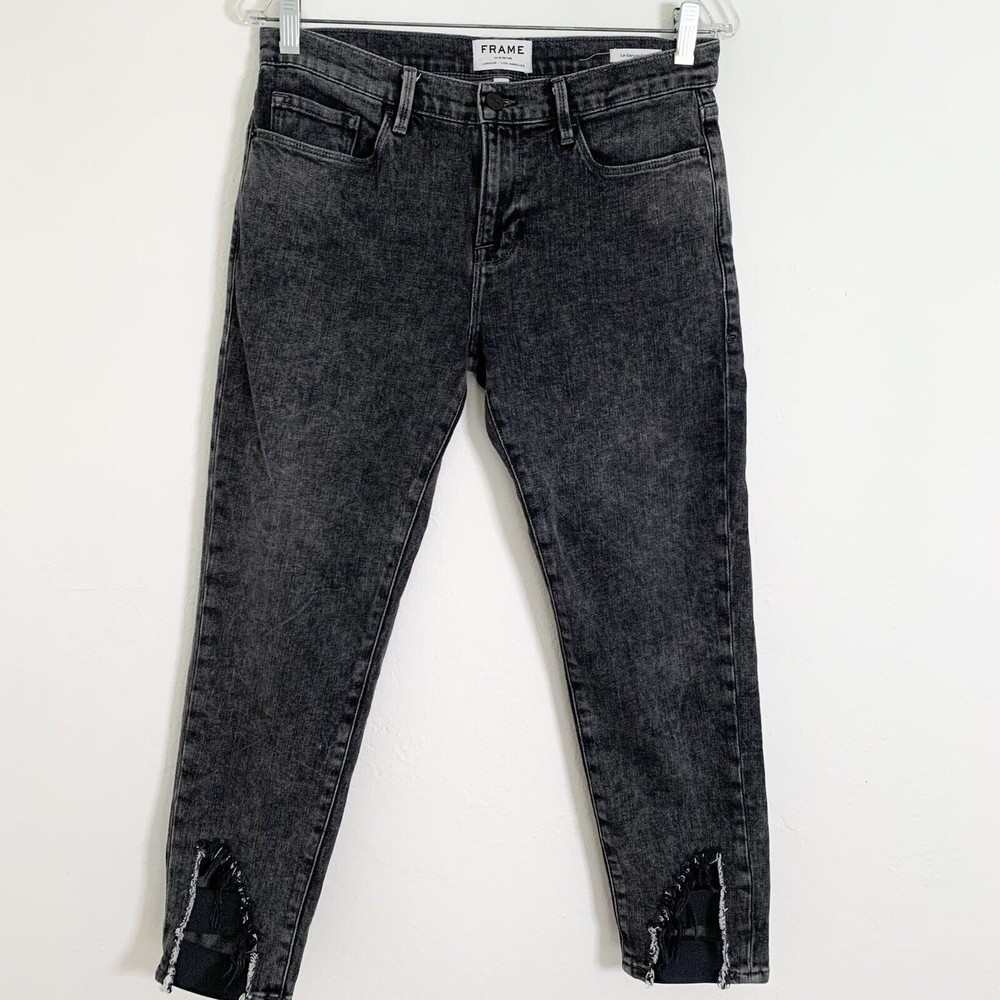 Frame Jeans Womens Sz 27 Gray Black Distressed Le Garcon Crop Mid Rise W30 In24